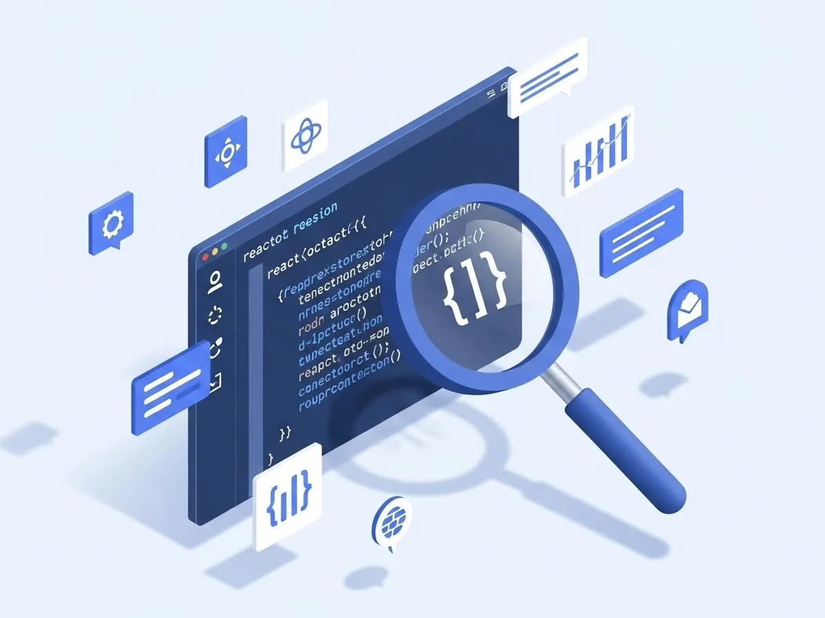 돋보기로 React 코드를 검사하는 3D 아이소메트릭 일러스트. 개발자 도구 인터페이스 요소들과 함께 테크 블루 컬러로 표현된 디버깅 컨셉의 모던한 디자인