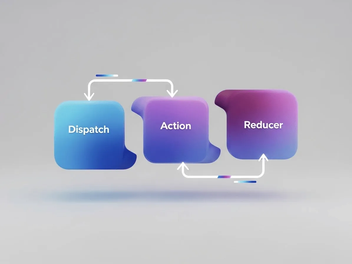 dispatch, action, reducer의 데이터 흐름을 세 개의 연결된 박스로 표현한 3D 아이콘. 보라색과 파란색 그라데이션으로 각 요소를 구분하고, 화살표로 데이터가 흐르는 방향을 명확히 표시했다.