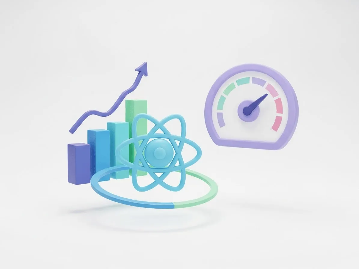 React 성능 최적화를 상징하는 3D 아이콘 - React 로고와 상승하는 성능 그래프, 빠른 속도를 나타내는 속도계가 함께 배치된 이미지