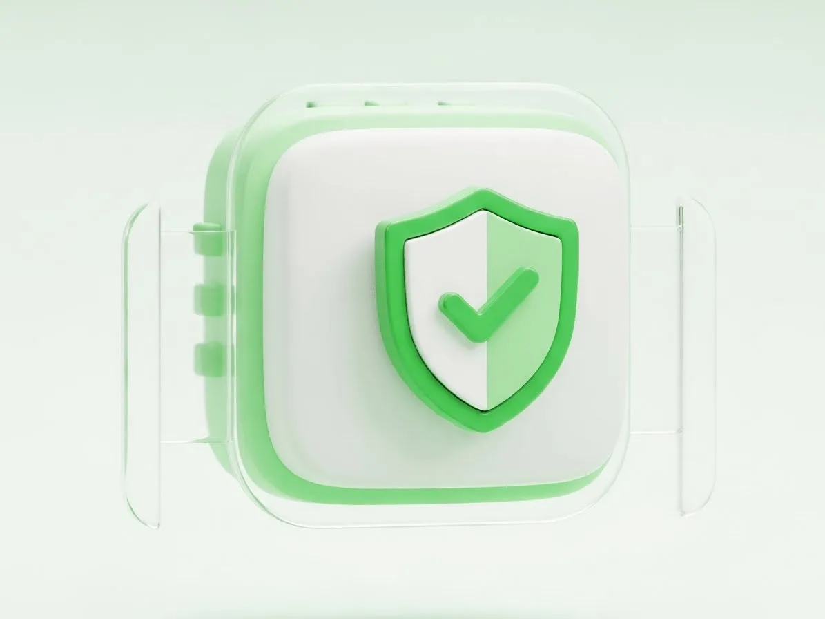 React.memo의 최적화 기능을 표현한 3D 아이콘 - 체크마크가 있는 보호된 컴포넌트 박스 이미지