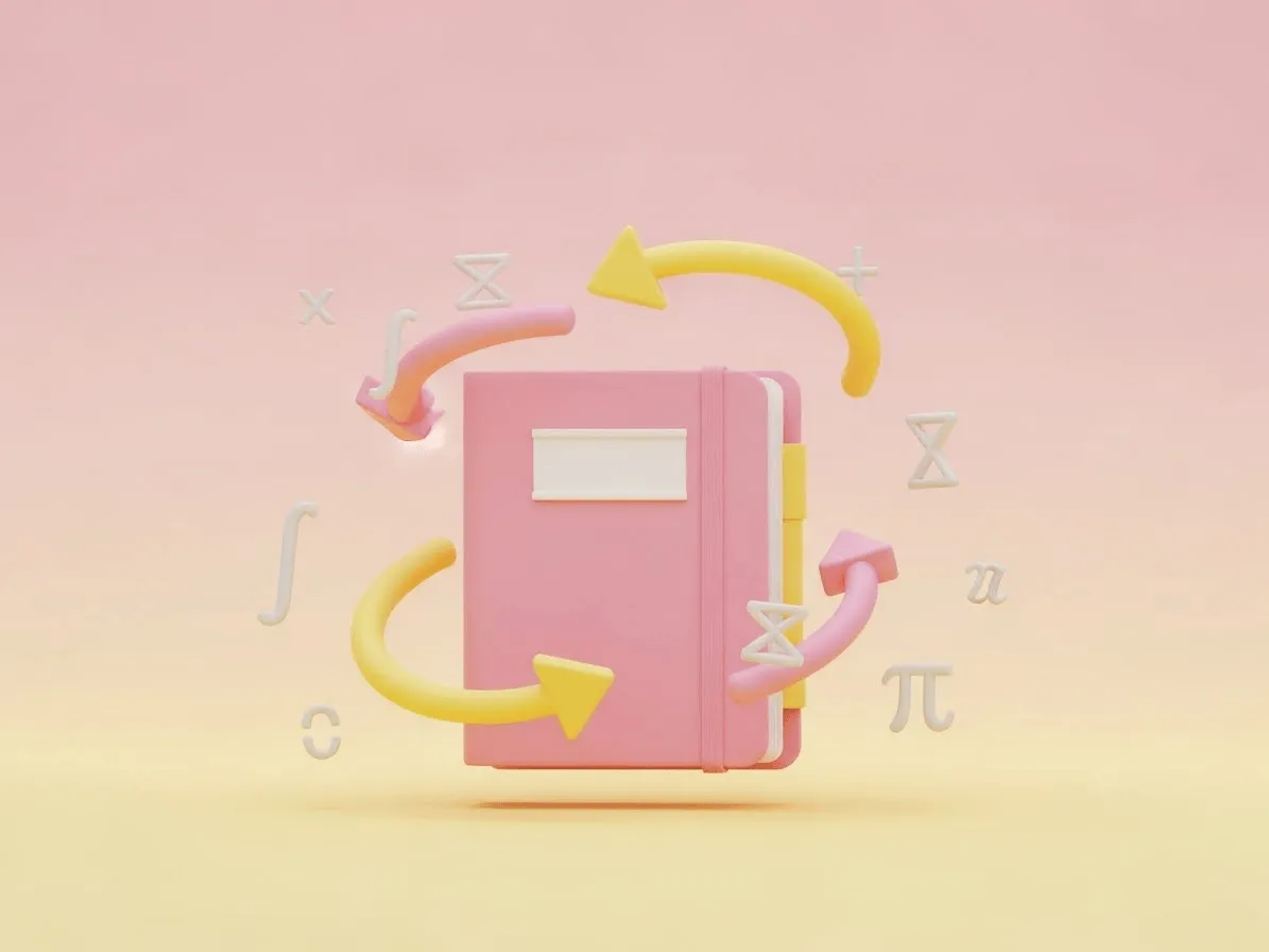 메모이제이션 개념을 표현한 3D 아이콘 - 메모장과 반복되는 계산을 나타내는 순환 화살표가 그려진 이미지