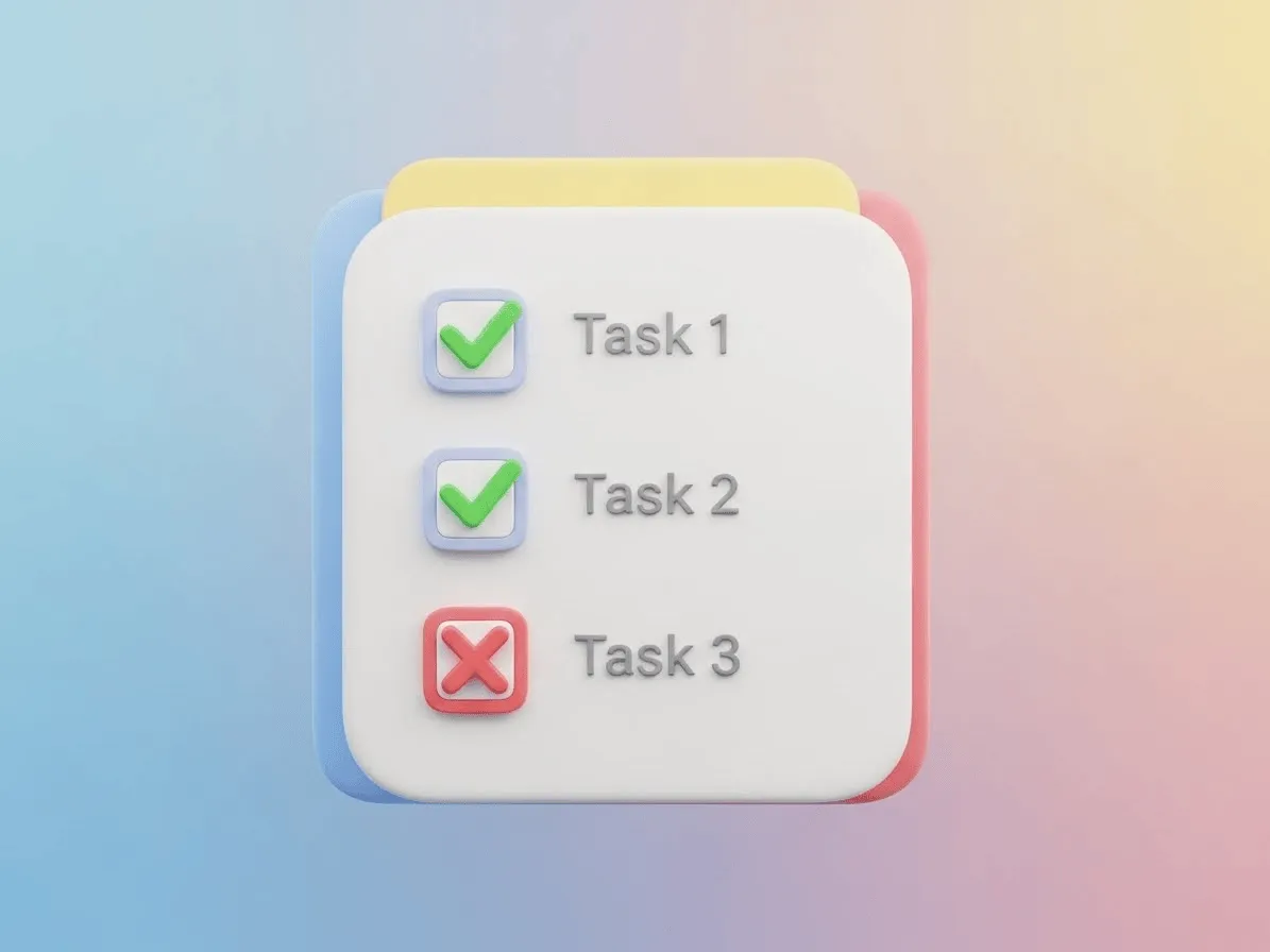 할 일 관리 앱의 구조를 체크리스트 형태의 3D 아이콘으로 표현. 녹색 체크마크와 빨간색 삭제 아이콘이 파스텔 톤의 깔끔한 레이아웃에 배치되어 있다.