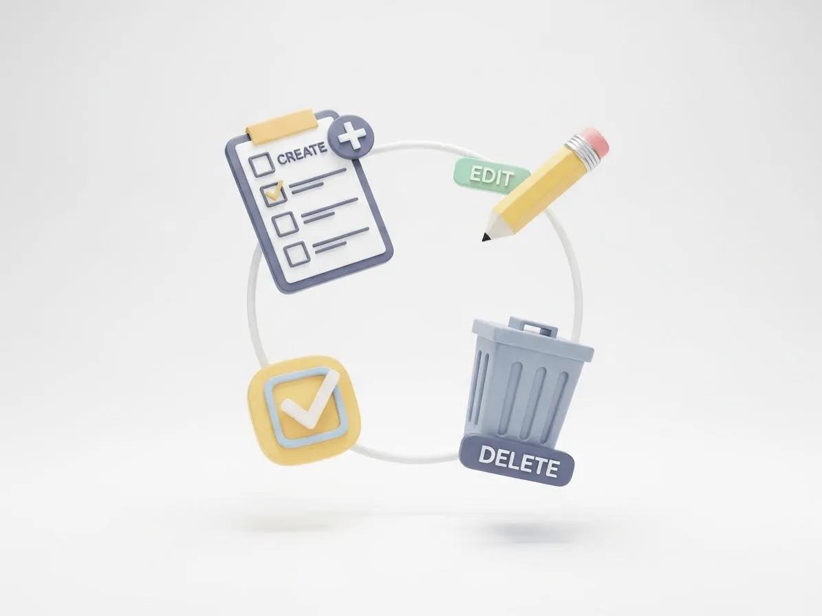 CRUD 작업을 표현하는 3D 플로팅 아이콘들. 플러스(생성), 체크리스트(조회), 연필(수정), 휴지통(삭제)이 원형으로 배치된 파스텔 톤의 미니멀 디자인