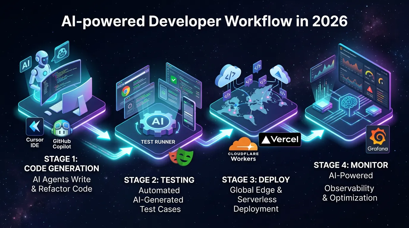 2026년 AI 코딩 워크플로우 4단계 인포그래픽: 코드 생성 → 테스트 → 배포 → 모니터링