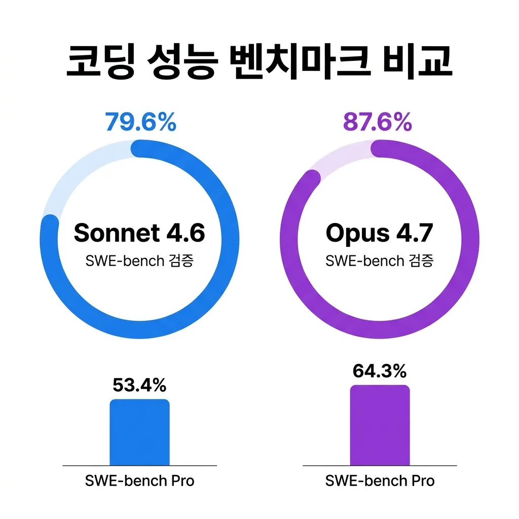 Claude Sonnet 4.6과 Opus 4.7의 SWE-bench 성능 비교 차트 — 79.6% vs 87.6%