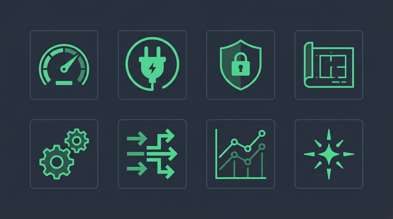 supabase-postgres-best-practices 스킬의 8개 Postgres 최적화 카테고리 인포그래픽. 쿼리 성능, 연결 관리, 보안·RLS, 스키마 설계, 동시성·잠금, 데이터 접근 패턴, 모니터링·진단, 고급 기능을 원형 또는 그리드 배치의 기하학 아이콘으로 표현. Supabase 녹색과 다크 배경의 플랫 모던 스타일