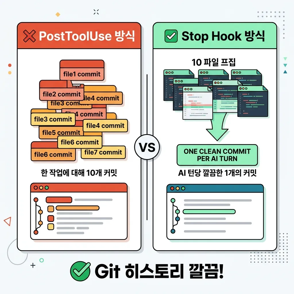 PostToolUse 방식과 Stop Hook 방식 비교 인포그래픽 - 한 작업에 10개 커밋 vs AI 턴당 1개 커밋