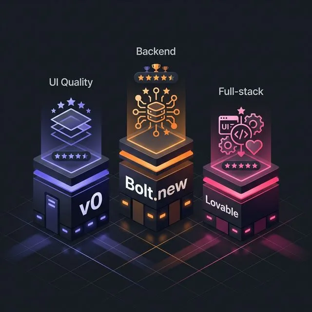 v0, Bolt.new, Lovable AI 코드 생성 도구 비교를 시각화한 심플 3D 아이콘