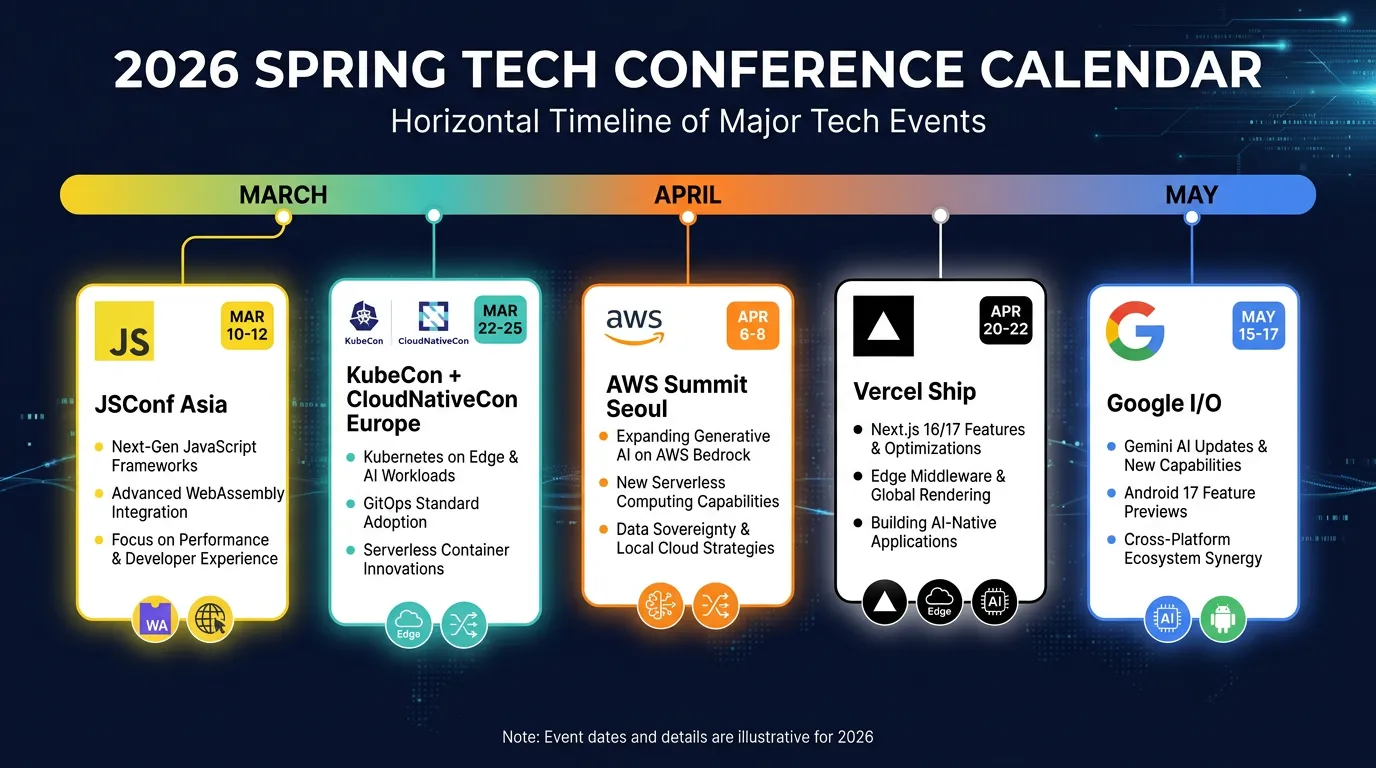 2026 봄 시즌 IT 컨퍼런스 타임라인 인포그래픽 — JSConf Asia, KubeCon Europe, AWS Summit Seoul, Vercel Ship, Google I/O