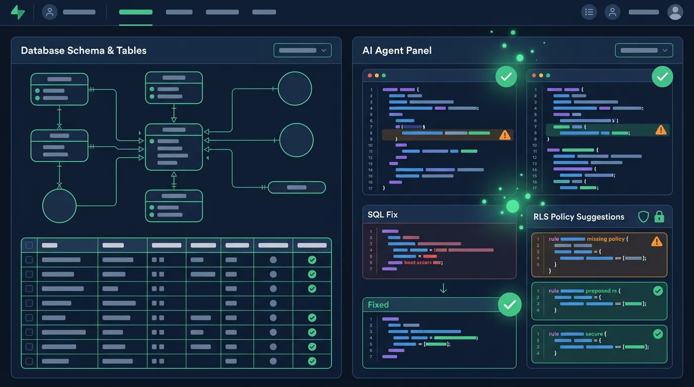 Supabase Postgres 스키마와 AI 에이전트 출력을 나란히 보여주는 인포그래픽. 왼쪽은 테이블·관계를 나타내는 추상 DB 구조, 오른쪽은 RLS·쿼리 규칙 위반 탐지와 SQL 수정 제안을 상징하는 코드 블록·체크 표시. Supabase 녹색(#3ecf8e) 악센트의 다크 테마 개발 도구 스타일