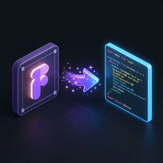 Figma 디자인을 React 코드로 변환하는 v0 Figma 연동 과정을 시각화한 심플 3D 아이콘