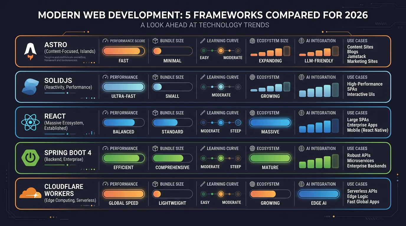 2026년 주요 프레임워크 5종 비교 인포그래픽 — 성능, 번들 크기, 학습 곡선, 생태계 규모, AI 통합 지수