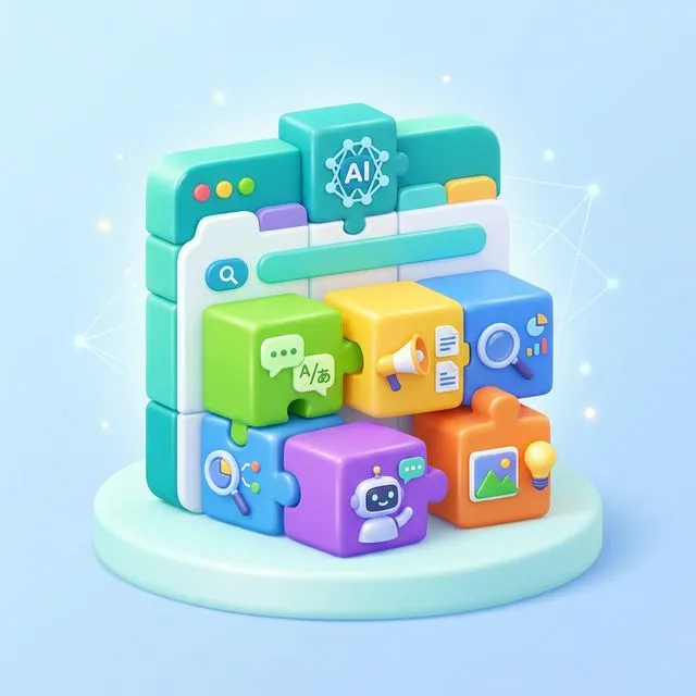 브라우저 생태계를 구성하는 다양한 3D 퍼즐 큐브 형태의 AI API 모델들 (Translator, Summarizer 등)