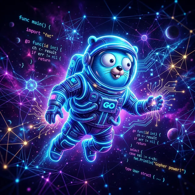 Go 고퍼 마스코트가 AI 신경망 속에서 우주복을 입고 떠다니는 미래지향적 일러스트