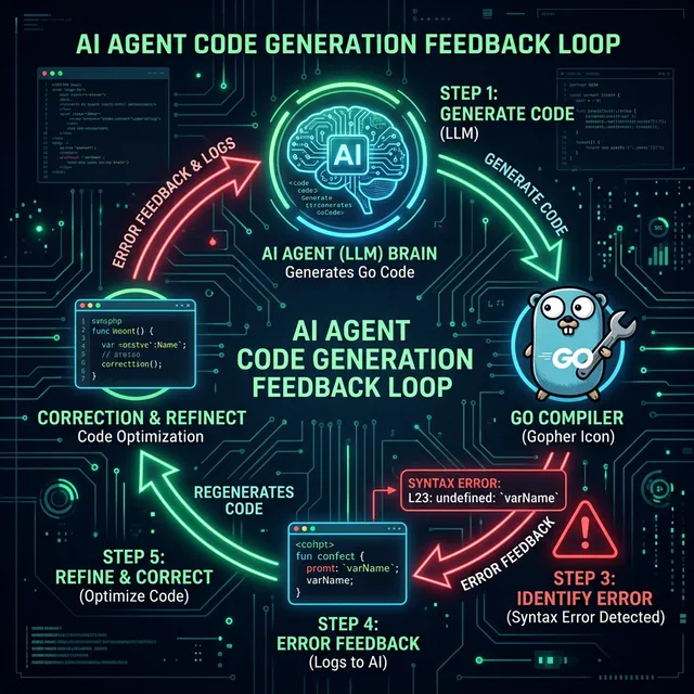AI 에이전트 코드 생성 피드백 루프 다이어그램 — LLM이 Go 코드를 생성하고 컴파일러가 즉시 오류를 반환하는 순환 구조