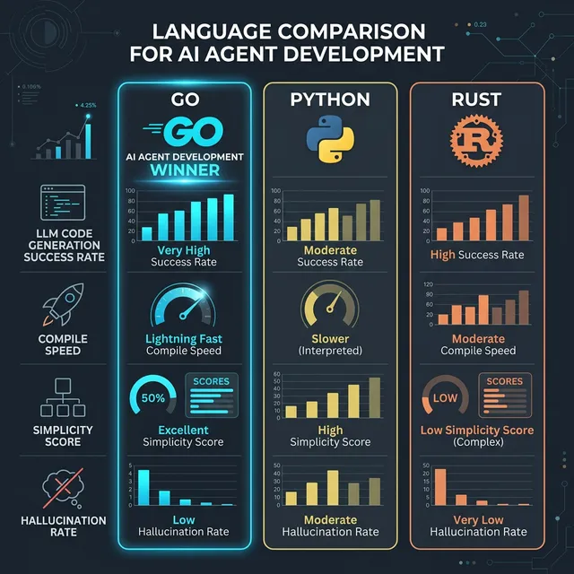 AI 에이전트 개발을 위한 Go, Python, Rust 언어 비교 인포그래픽 — LLM 코드 생성 성공률, 컴파일 속도, 단순성 점수, 환각 발생률 비교