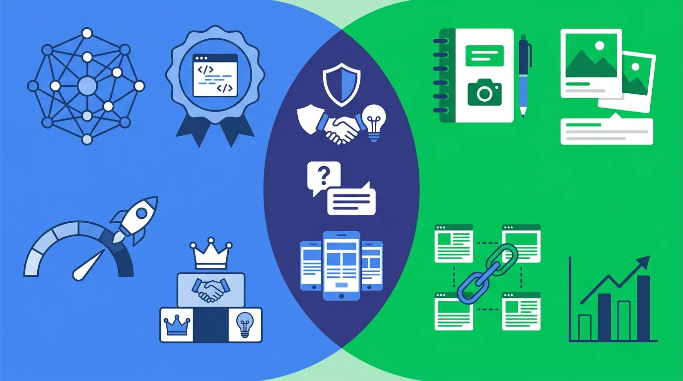 구글 AI Overviews와 네이버 Cue: AI 검색 최적화 비교 인포그래픽. 구글 측 외부 백링크·구조화 데이터·페이지 속도 등과 네이버 측 경험 서술·이미지 캡션·내부 링크·블로그 활동의 차이, 공통으로 E-E-A-T·Q&A 구조·모바일 최적화가 겹치는 영역을 분할 화면으로 표현