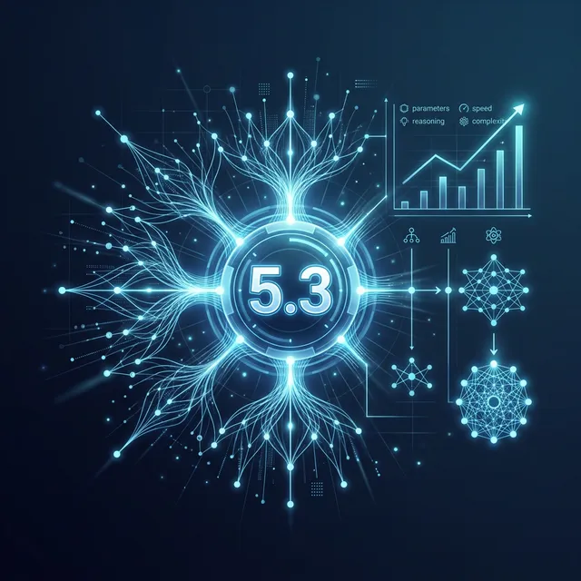 GPT-5.3 Instant 출시를 상징하는 미래지향적 뉴럴 네트워크 일러스트