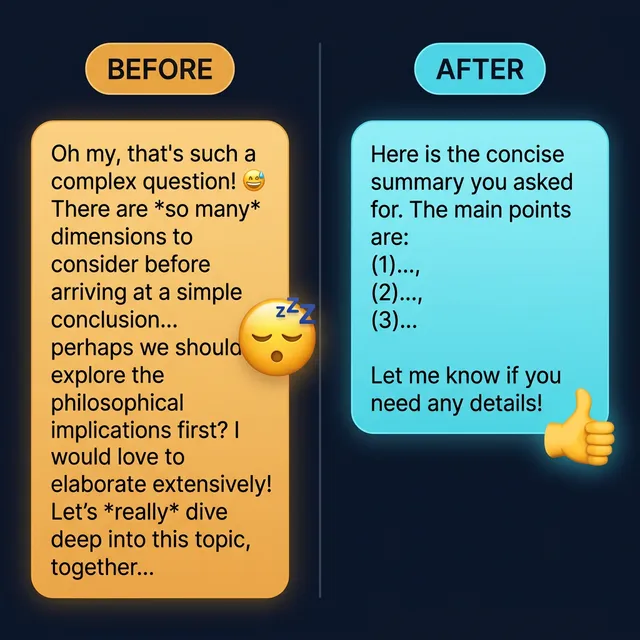GPT-5.2의 장황한 응답(Before)과 GPT-5.3 Instant의 간결한 응답(After) 비교