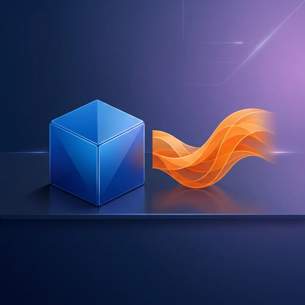 Spring Boot 4.0 가상 스레드와 WebFlux를 상징하는 두 개의 대조적인 기하학적 형태