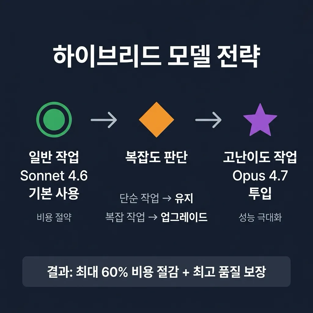 개발자를 위한 하이브리드 모델 전략 플로우차트 — 일반 작업은 Sonnet 4.6, 복잡도 판단 후 고난이도 작업은 Opus 4.7 투입