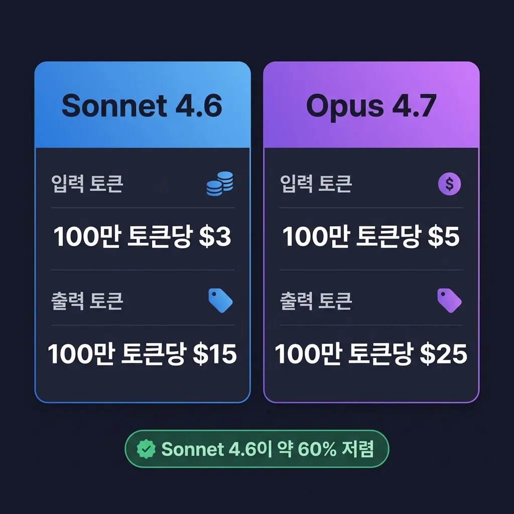 Claude Sonnet 4.6과 Opus 4.7의 API 토큰 가격 비교 인포그래픽 — 입력 $3/$5, 출력 $15/$25