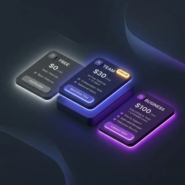 Vercel v0 Free, Team, Business 요금제 비교 카드를 시각화한 심플 3D 아이콘