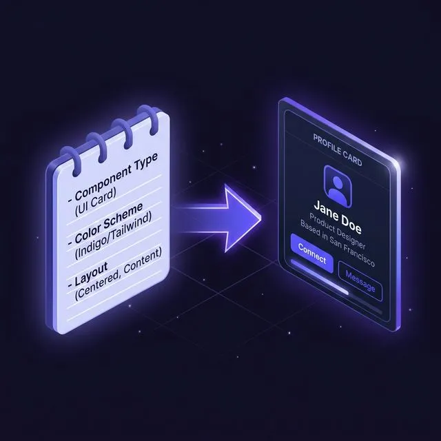 v0 프롬프트 작성법과 컴포넌트 생성 과정을 시각화한 심플 3D 아이콘