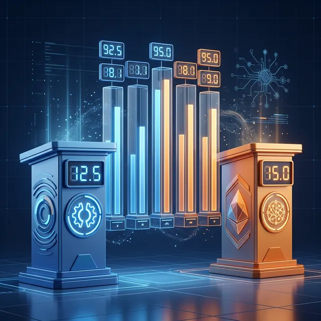 AI 모델 성능 비교를 보여주는 3D 인포그래픽, 블루 포디움과 오렌지 포디움 사이에 막대 차트가 떠 있는 모습