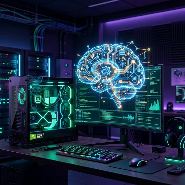 로컬 AI 컴퓨팅 파워를 보여주는 미래지향적 3D 일러스트, RTX GPU가 빛나는 게이밍 PC 위에 AI 뉴럴 네트워크 홀로그램이 떠 있는 모습