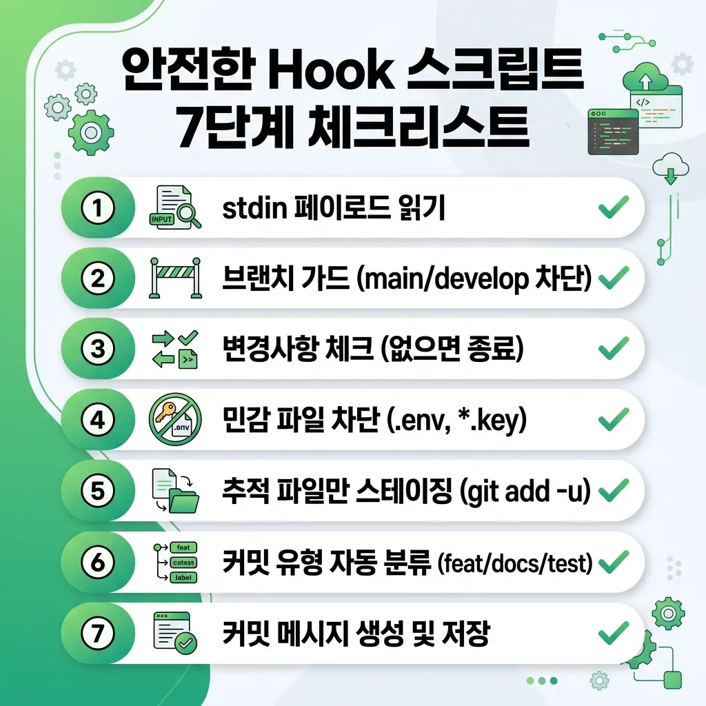 안전한 Hook 스크립트 7단계 체크리스트 - stdin 읽기부터 커밋 저장까지