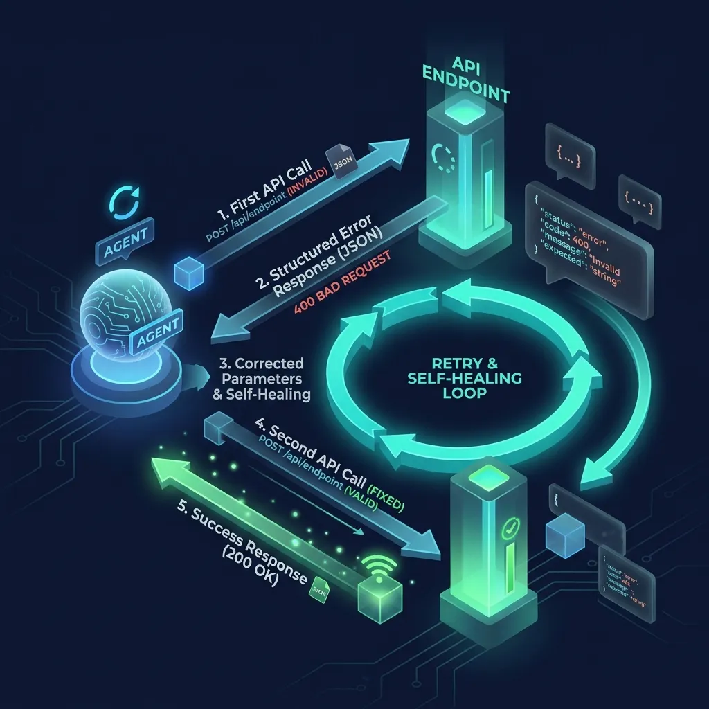 AI 에이전트 Self-Healing API 플로우 — 잘못된 요청 후 에러 응답을 기반으로 파라미터를 수정하여 재요청하는 시퀀스