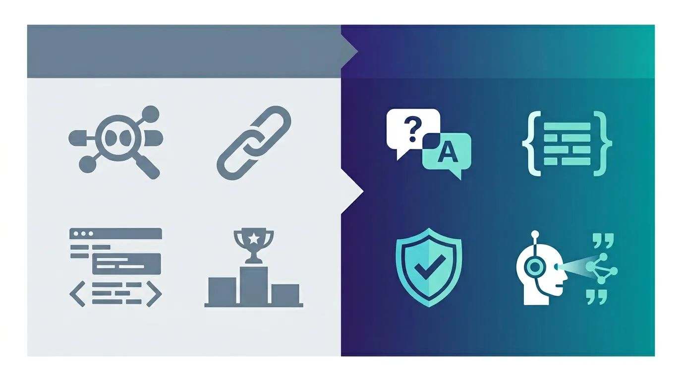 전통 SEO와 AEO·GEO 비교 인포그래픽. 키워드·백링크·메타 태그 중심 전략과 Q&A 구조·스키마 마크업·E-E-A-T·AI 출처 인용 중심 답변 엔진 최적화의 차이를 플랫 벡터 일러스트로 표현