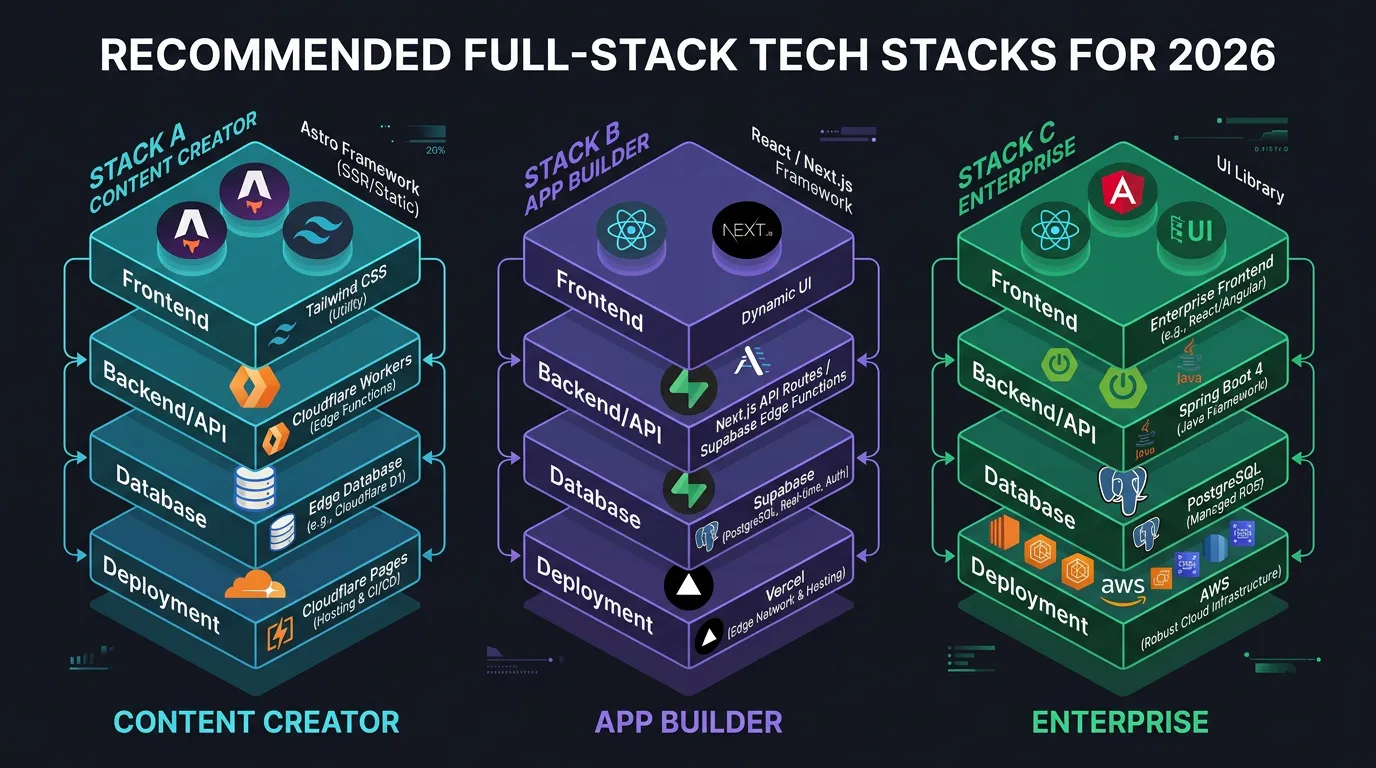 2026년 목적별 풀스택 기술 스택 조합 인포그래픽 — 콘텐츠 크리에이터, 앱 빌더, 엔터프라이즈 3가지 프리셋