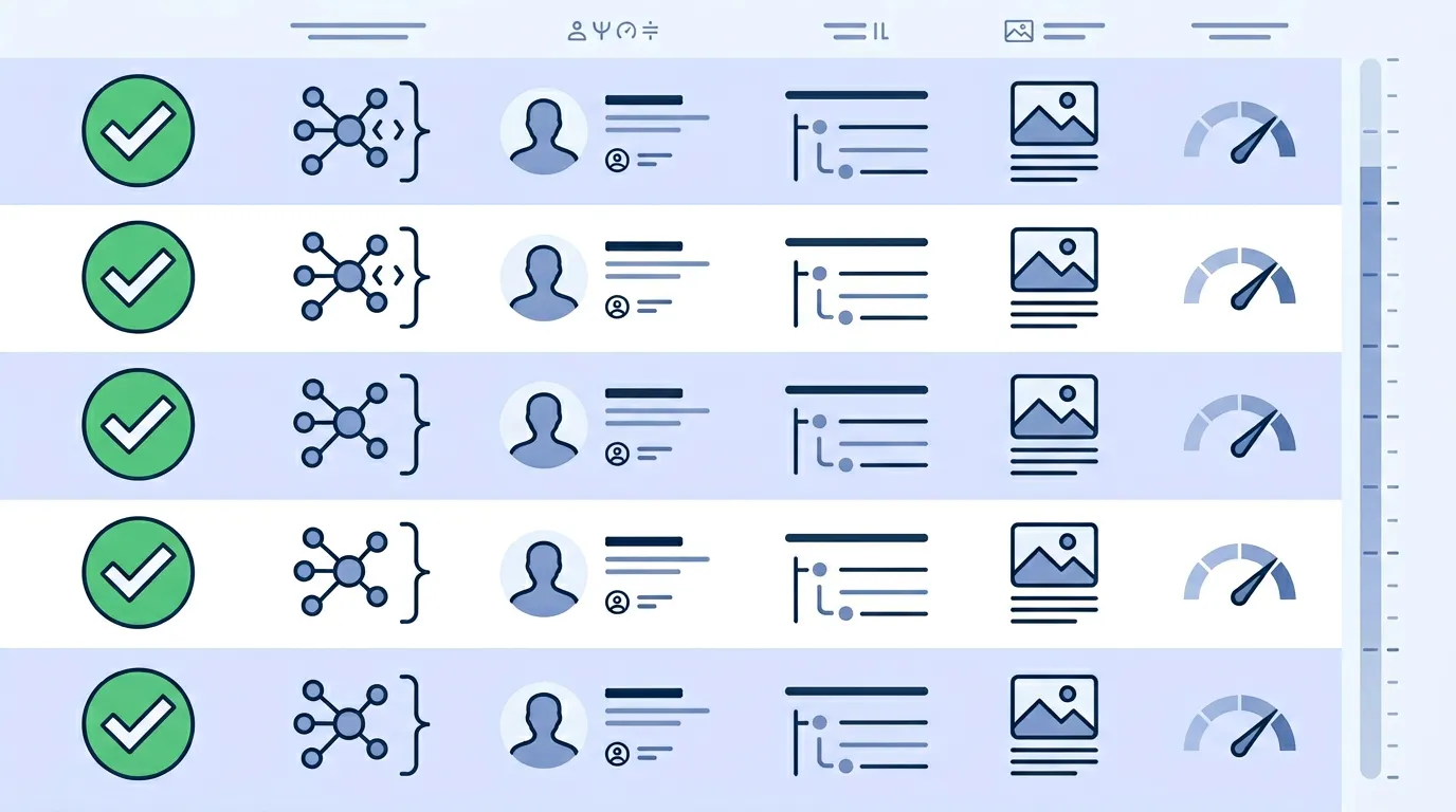 AI 검색·AEO 기술 대응 체크리스트 인포그래픽. FAQPage 스키마, Article·Author JSON-LD, H1~H3 제목 계층, 이미지 alt·캡션, 모바일 Core Web Vitals 등 5단계 점검 항목과 인용 점수 개념을 세로형으로 정리