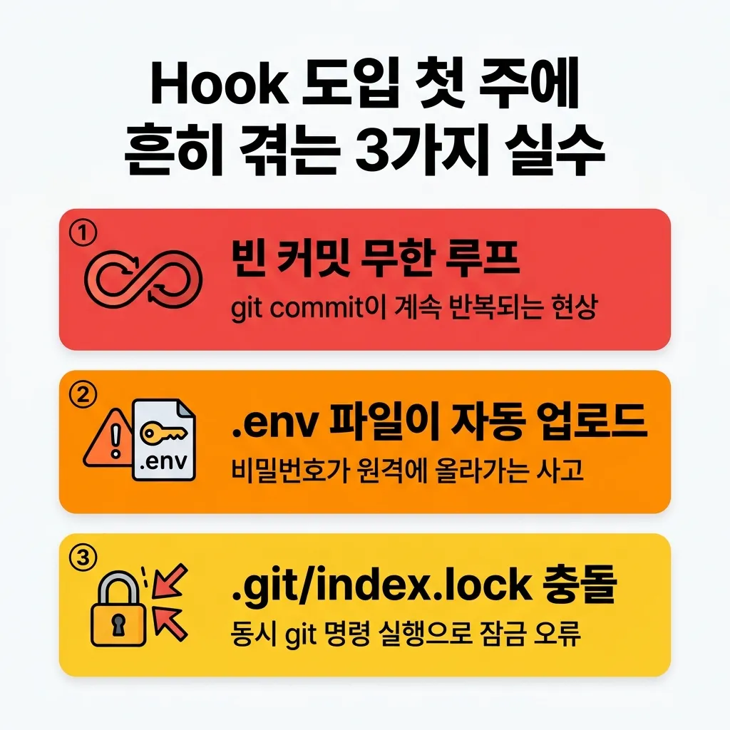 Hook 도입 첫 주에 흔히 겪는 3가지 실수 - 빈 커밋 루프, .env 업로드, index.lock 충돌