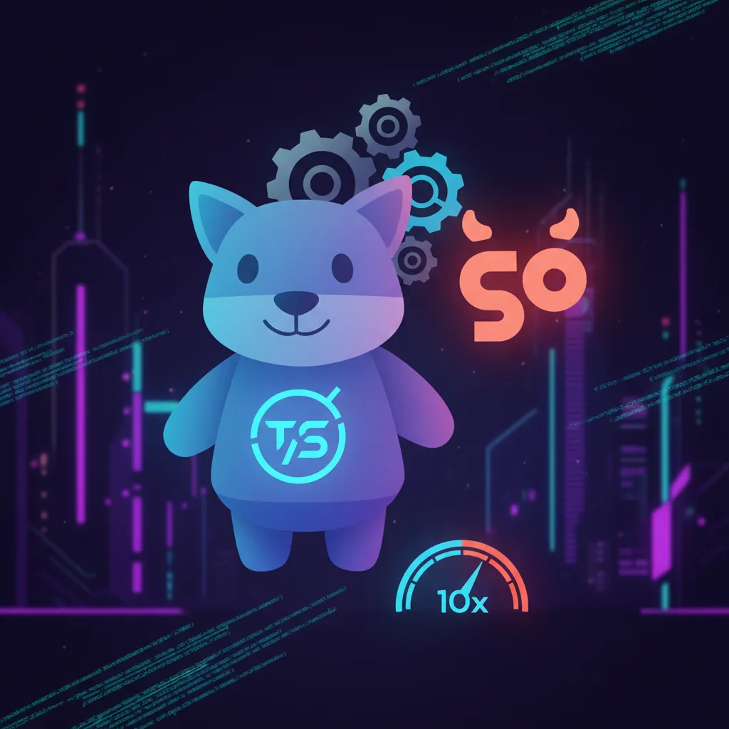 TypeScript 고퍼 마스코트와 Go 언어 로고가 우주 공간에서 빛나는 미래적인 테크 일러스트, 컴파일러 기어와 10x 속도 향상을 상징하는 이미지