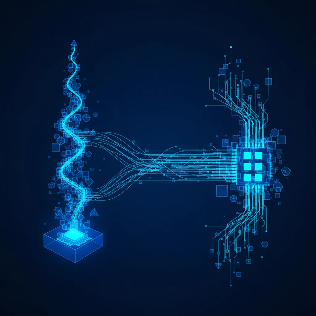 Node.js 싱글 스레드 CPU 병목과 Go 멀티코어 병렬 처리를 비교하는 추상적 기술 시각화, 파란색과 청록색 3D 기하학적 형태
