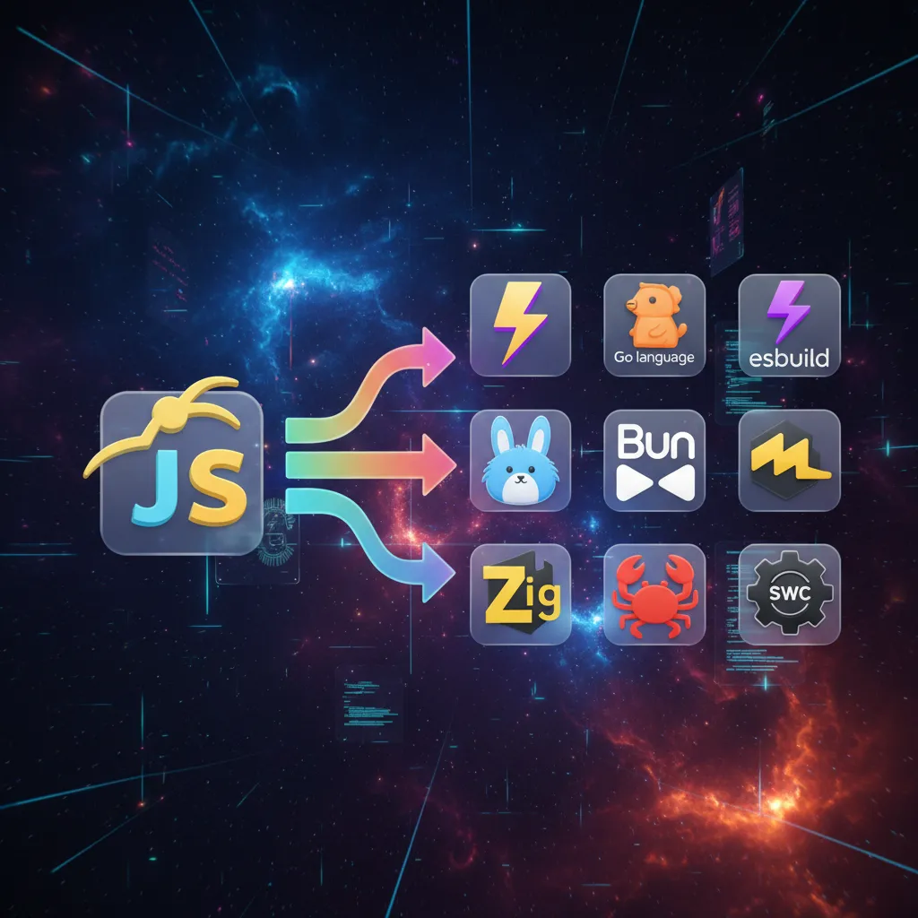 프론트엔드 툴체인 진화 — esbuild Go, Bun Zig, swc Rust 아이콘들이 우주 공간에 떠있고 JavaScript에서 네이티브 언어로 이주하는 화살표가 표시된 사이버펑크 일러스트
