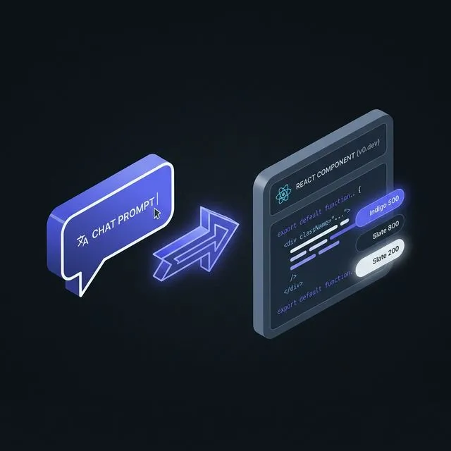 Vercel v0 UI 인터페이스와 React 컴포넌트 생성 과정을 시각화한 심플 3D 아이콘